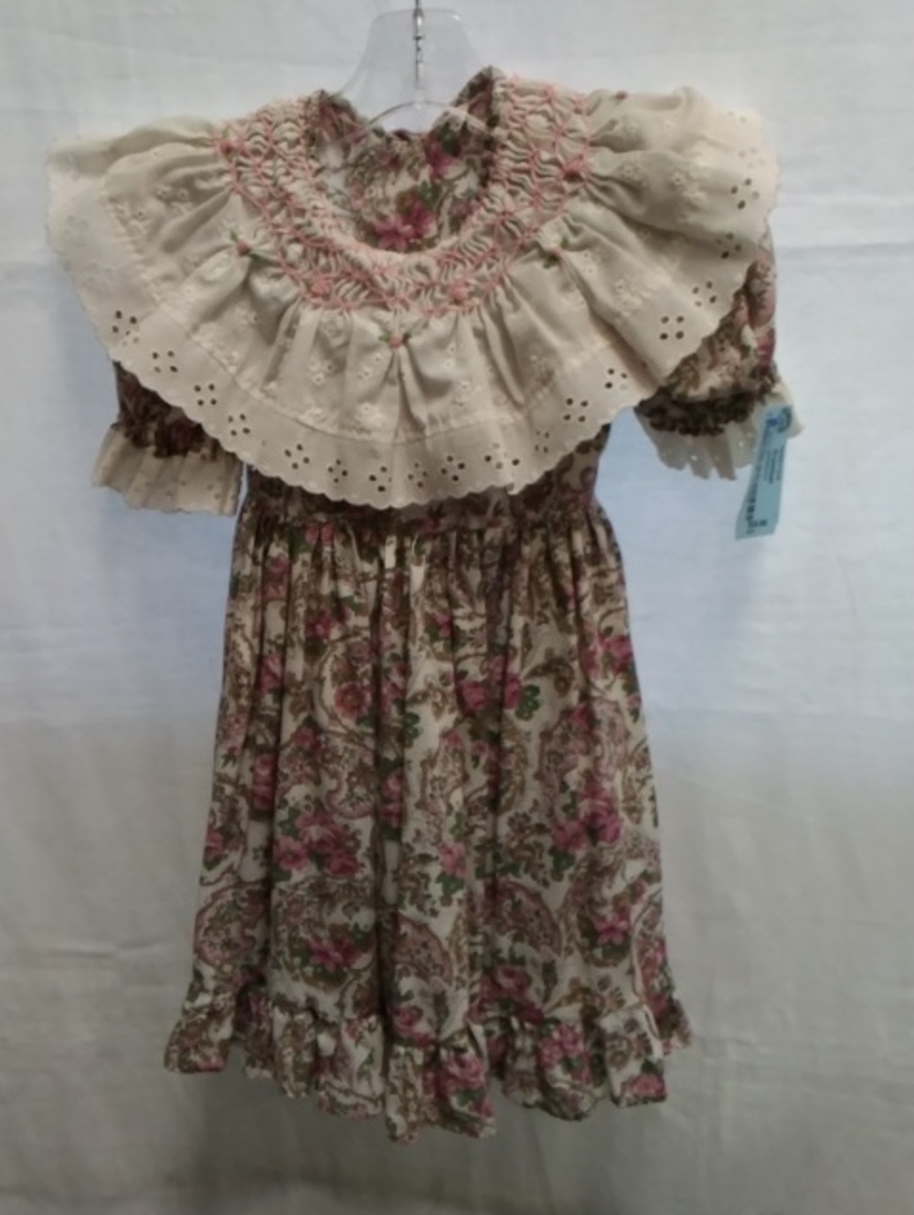 Girl's Vintage Floral Smocked Dress with Eyelet Collar - Pink & Cream